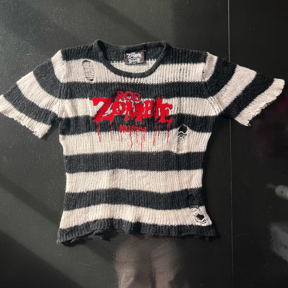 ❌ SOLD Killstar Rob Zombie Distressed Embroidered Black & White Striped Knit